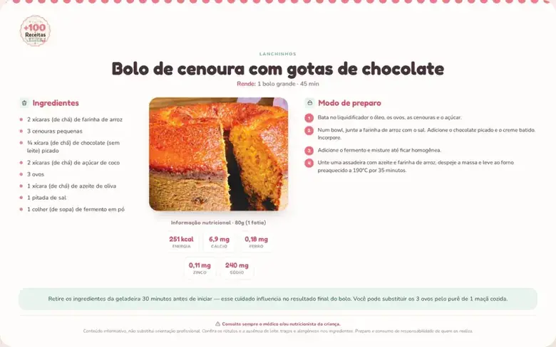 Receita APLV do carrossel inferior 3: Bolo de cenoura com gotas de chocolate